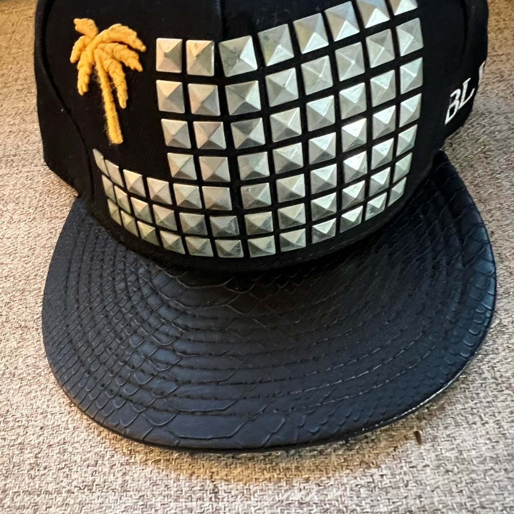 Black Studded Cap with Palm Tree Embroidery